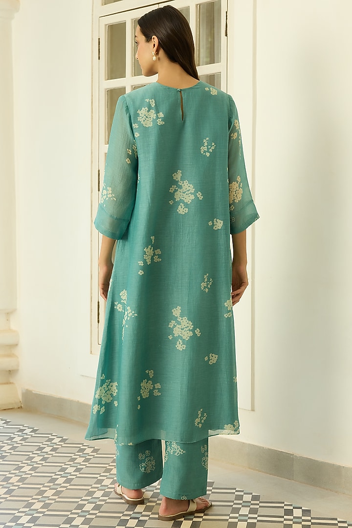 Aqua Muslin Cotton Floral Printed Kurta Set by Vaayu at Pernia's Pop Up Shop