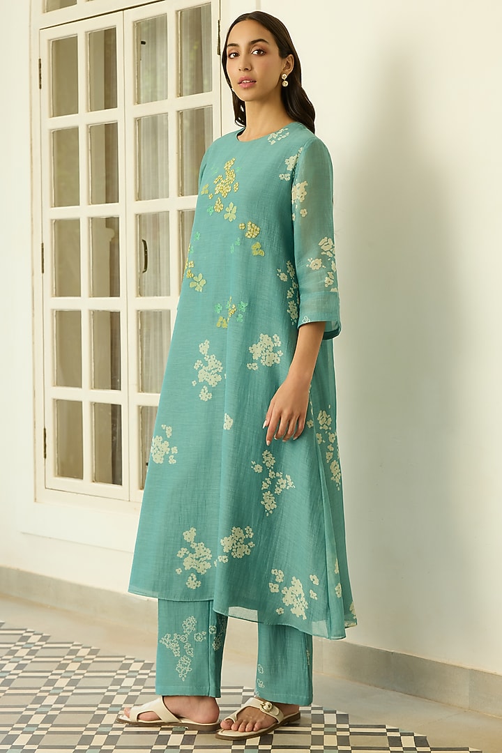 Aqua Muslin Cotton Floral Printed Kurta Set by Vaayu at Pernia's Pop Up Shop