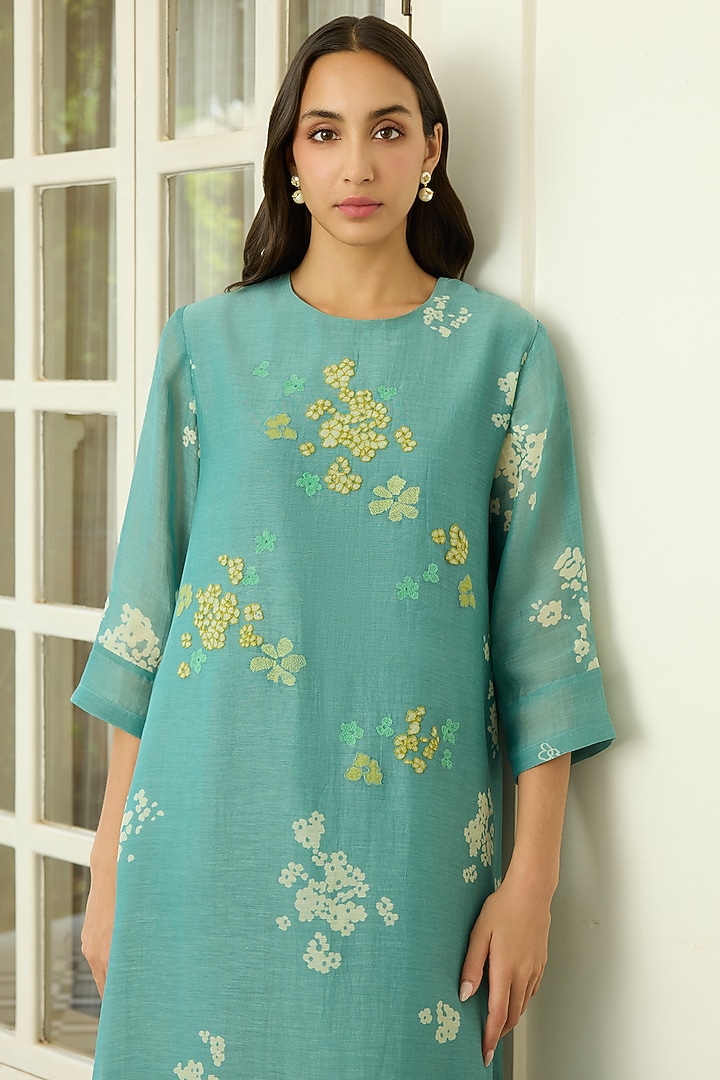 Aqua Muslin Cotton Floral Printed Kurta Set by Vaayu at Pernia's Pop Up Shop