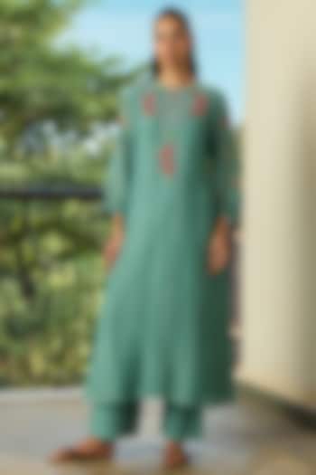 Aqua Muslin Cotton Floral Motif Kurta Set by Vaayu at Pernia's Pop Up Shop