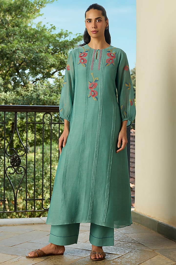 Aqua Muslin Cotton Floral Motif Kurta Set by Vaayu at Pernia's Pop Up Shop