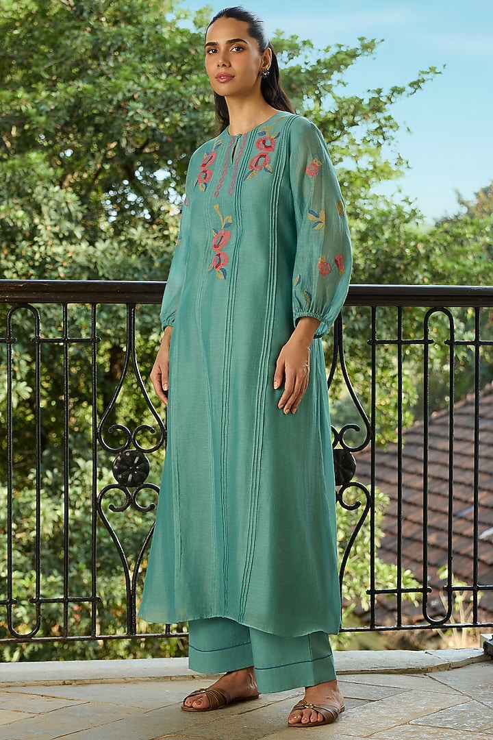 Aqua Muslin Cotton Floral Motif Kurta Set by Vaayu at Pernia's Pop Up Shop