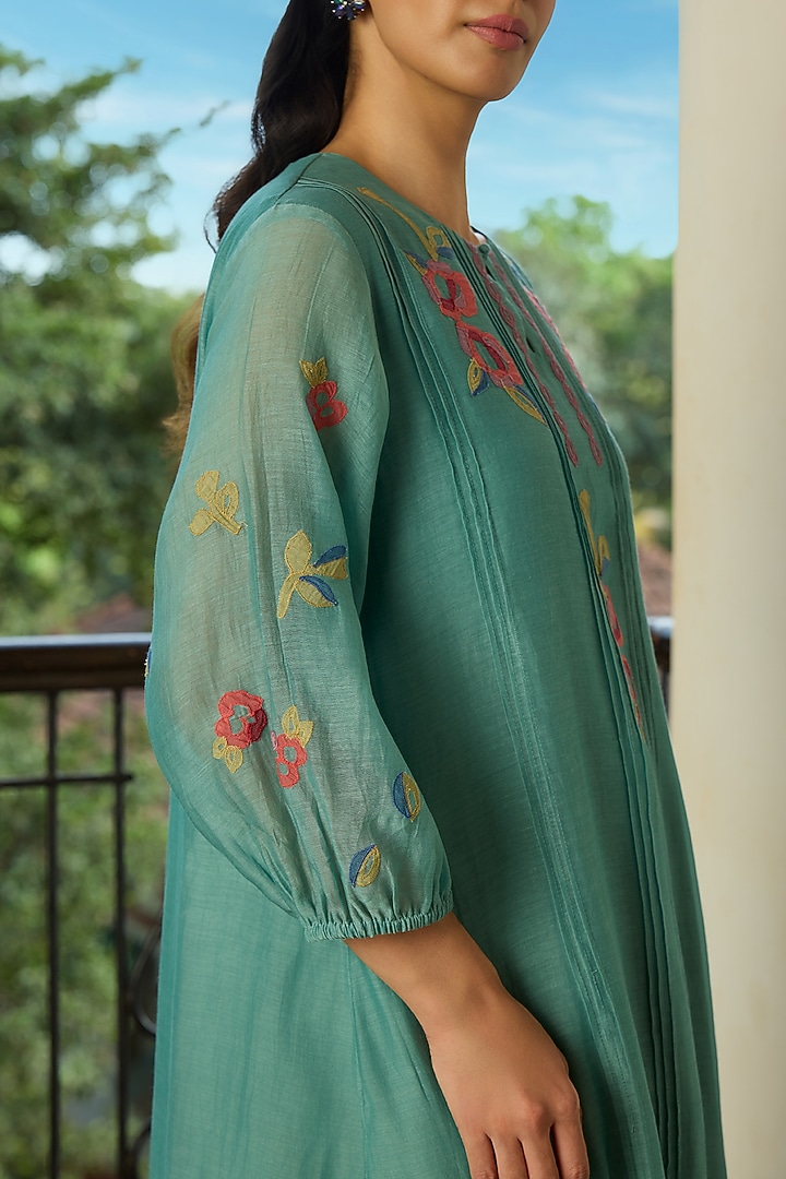 Aqua Muslin Cotton Floral Motif Kurta Set by Vaayu at Pernia's Pop Up Shop