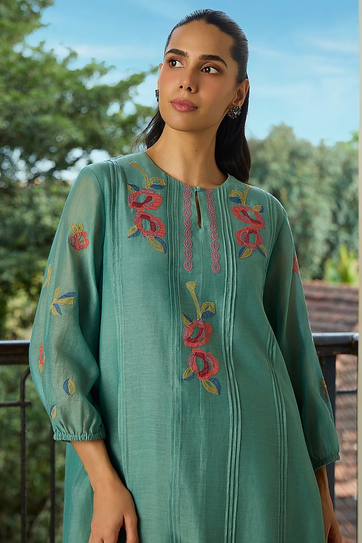 Aqua Muslin Cotton Floral Motif Kurta Set by Vaayu at Pernia's Pop Up Shop