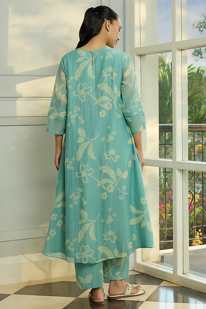 Aqua Muslin Cotton Floral Motif Kurta Set by Vaayu at Pernia's Pop Up Shop