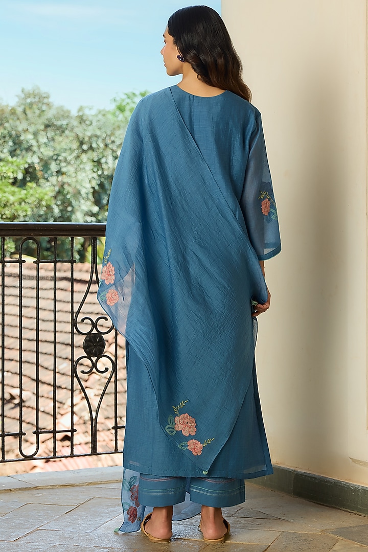 Indigo Muslin Cotton Floral Applique Kurta Set by Vaayu at Pernia's Pop Up Shop