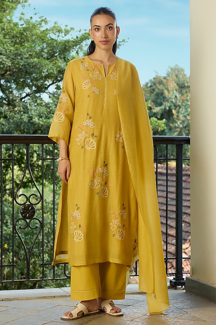 Marigold Muslin Cotton Applique Kurta Set by Vaayu at Pernia's Pop Up Shop