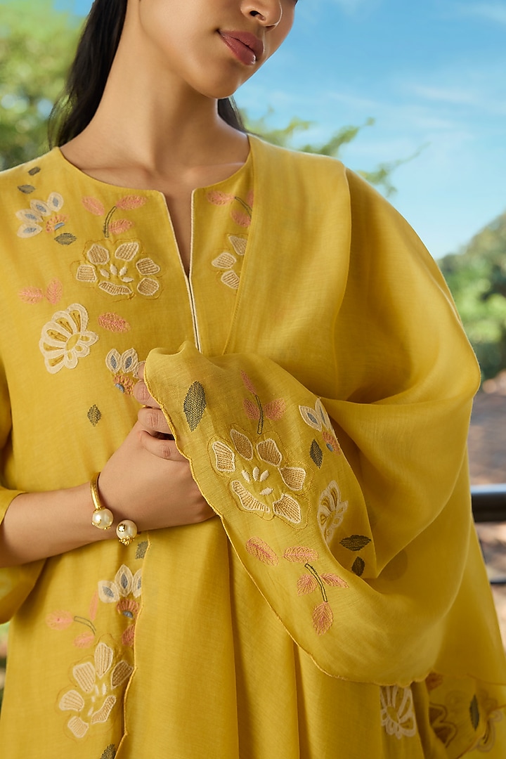 Marigold Muslin Cotton Applique Kurta Set by Vaayu at Pernia's Pop Up Shop