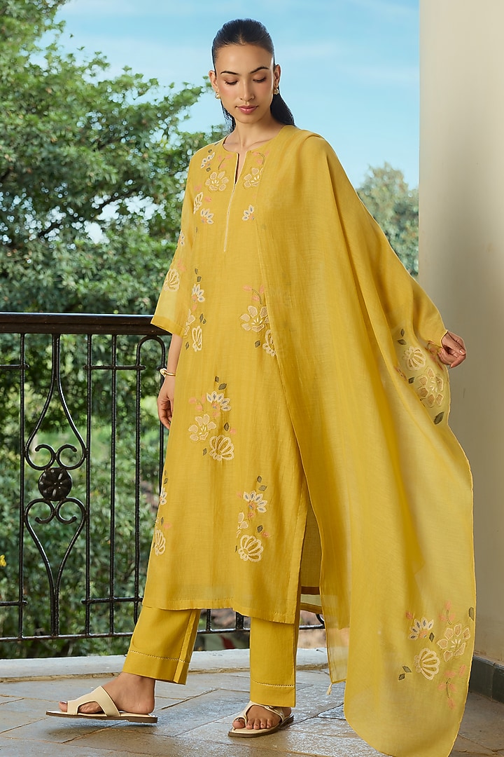 Marigold Muslin Cotton Applique Kurta Set by Vaayu at Pernia's Pop Up Shop