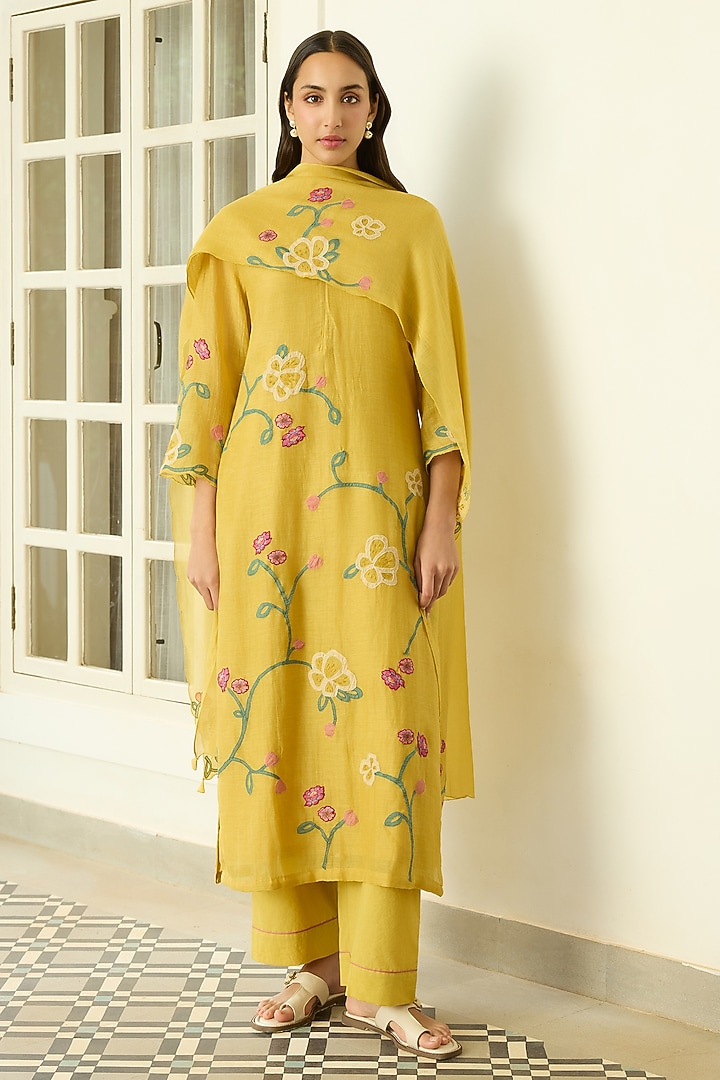 Marigold Muslin Cotton Applique Kurta Set by Vaayu at Pernia's Pop Up Shop
