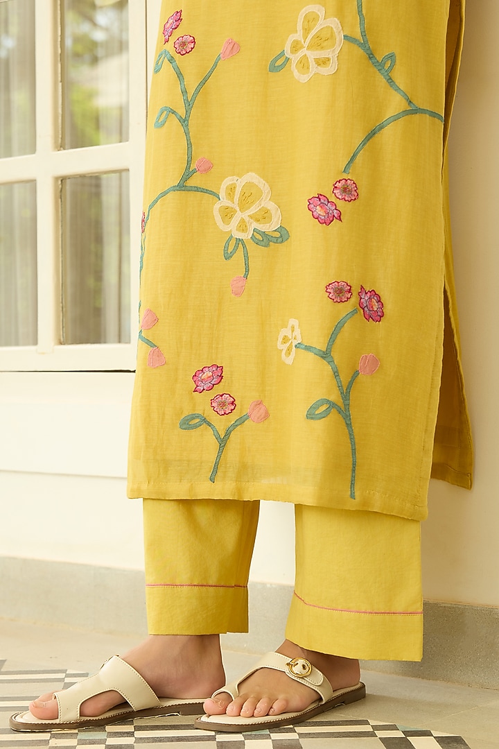 Marigold Muslin Cotton Applique Kurta Set by Vaayu at Pernia's Pop Up Shop