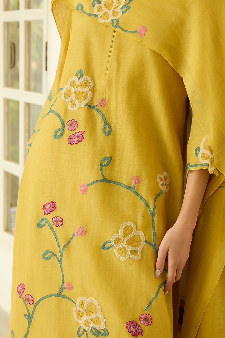 Marigold Muslin Cotton Applique Kurta Set by Vaayu at Pernia's Pop Up Shop