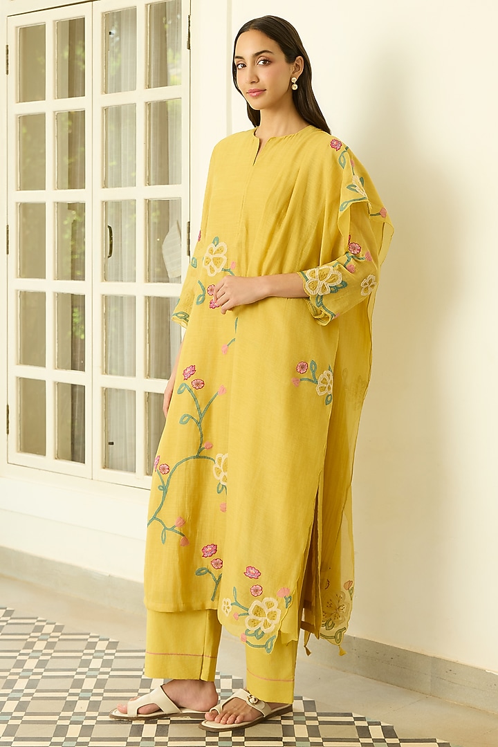 Marigold Muslin Cotton Applique Kurta Set by Vaayu at Pernia's Pop Up Shop