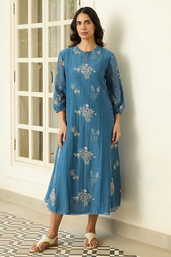 Indigo Muslin Cotton Thread Embroidered Midi Summer Dress by Vaayu at Pernia's Pop Up Shop
