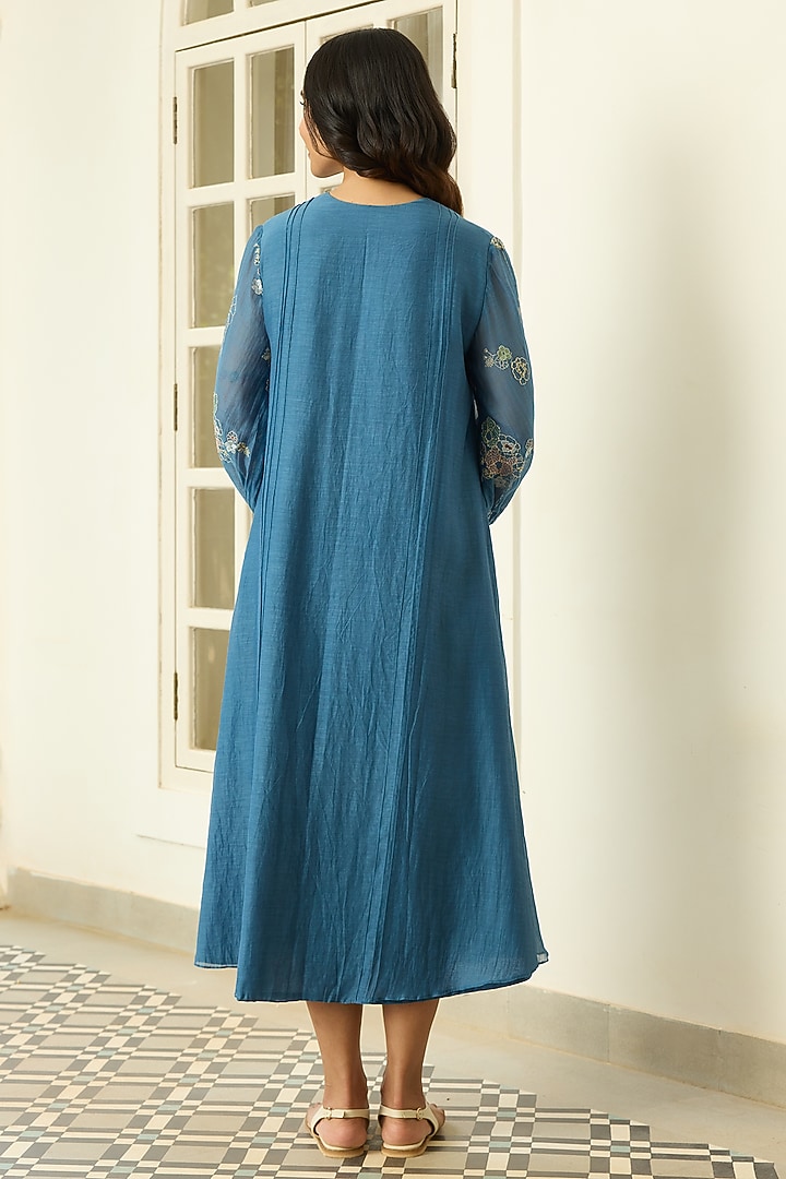Indigo Muslin Cotton Thread Embroidered Midi Summer Dress by Vaayu at Pernia's Pop Up Shop