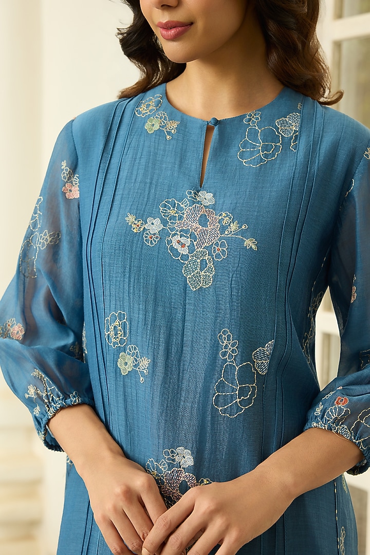 Indigo Muslin Cotton Thread Embroidered Midi Summer Dress by Vaayu at Pernia's Pop Up Shop