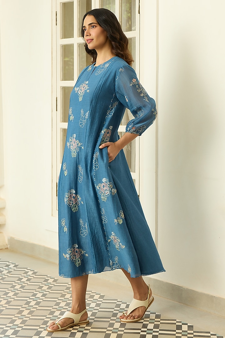 Indigo Muslin Cotton Thread Embroidered Midi Summer Dress by Vaayu at Pernia's Pop Up Shop