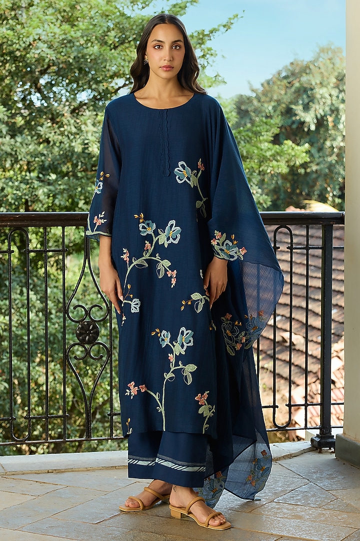 Midnight Blue Muslin Cotton Applique Kurta Set by Vaayu at Pernia's Pop Up Shop