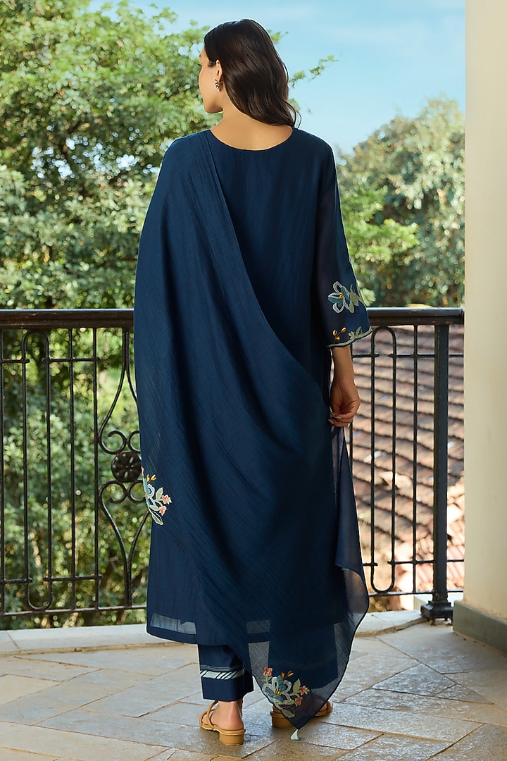 Midnight Blue Muslin Cotton Applique Kurta Set by Vaayu at Pernia's Pop Up Shop