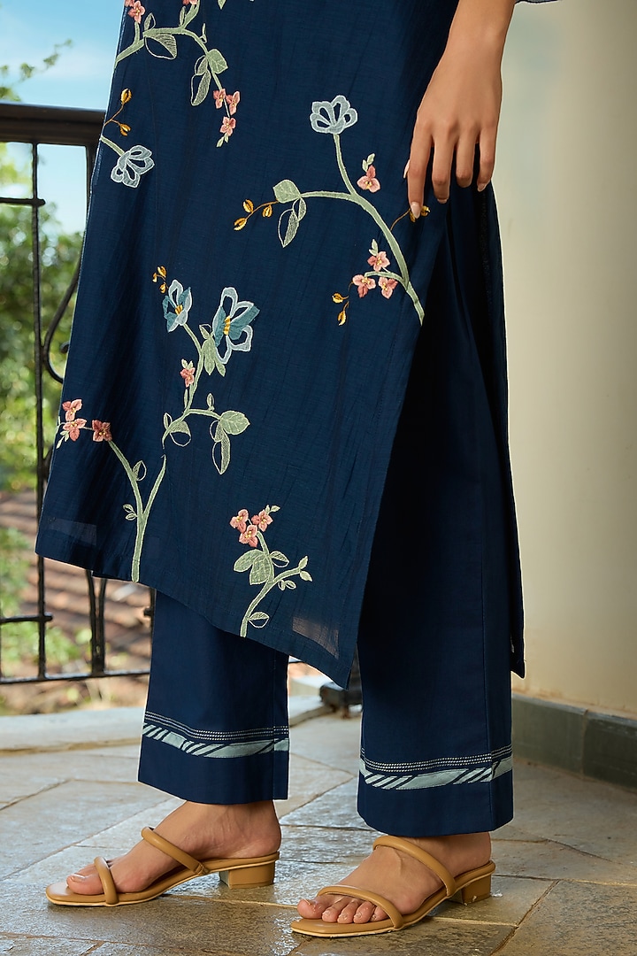 Midnight Blue Muslin Cotton Applique Kurta Set by Vaayu at Pernia's Pop Up Shop
