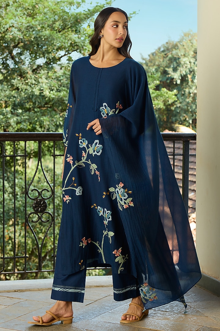 Midnight Blue Muslin Cotton Applique Kurta Set by Vaayu at Pernia's Pop Up Shop