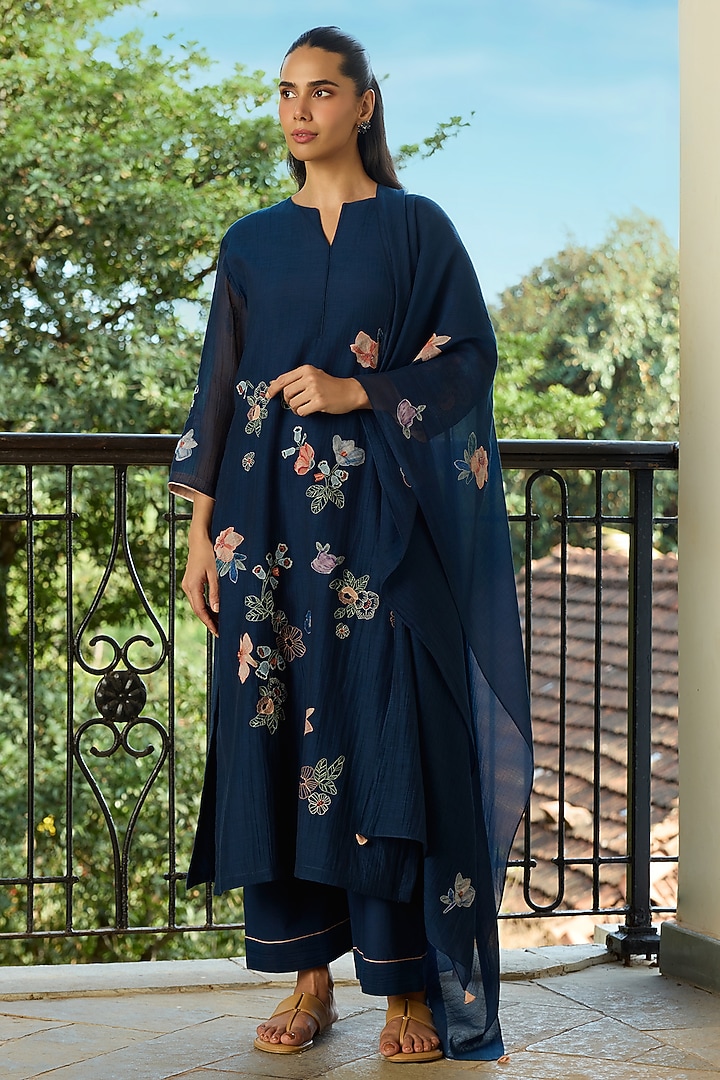 Midnight Blue Muslin Cotton Applique Kurta Set by Vaayu at Pernia's Pop Up Shop