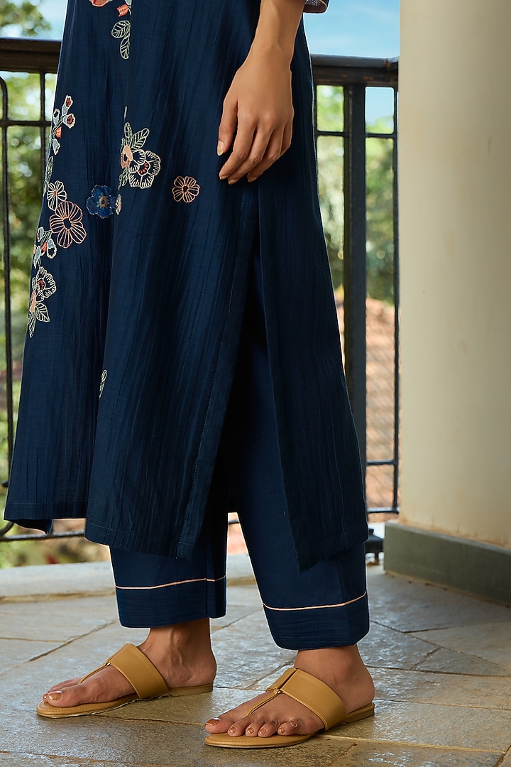 Midnight Blue Muslin Cotton Applique Kurta Set by Vaayu at Pernia's Pop Up Shop