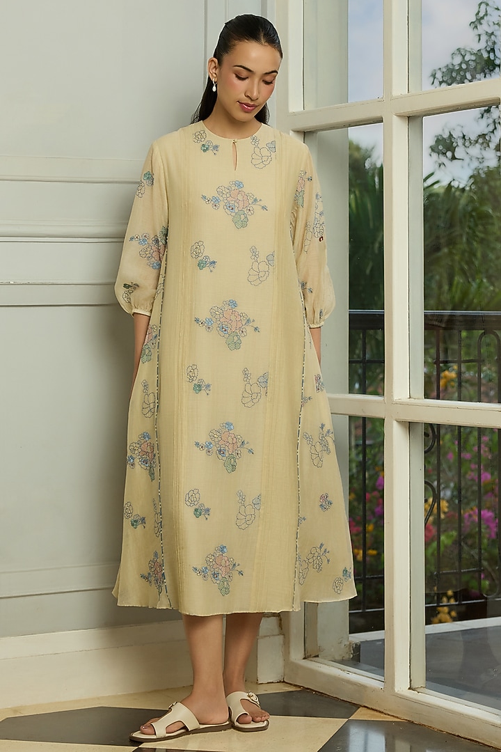 Ecru Muslin Cotton Thread Embroidered Midi Summer Dress by Vaayu at Pernia's Pop Up Shop
