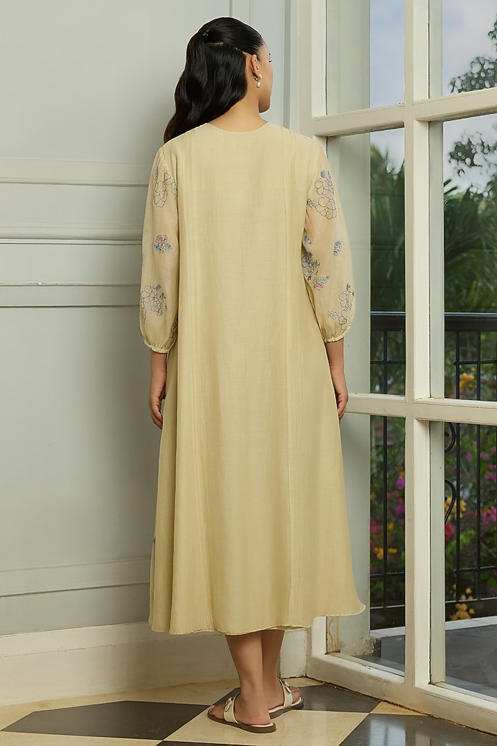 Ecru Muslin Cotton Thread Embroidered Midi Summer Dress by Vaayu at Pernia's Pop Up Shop