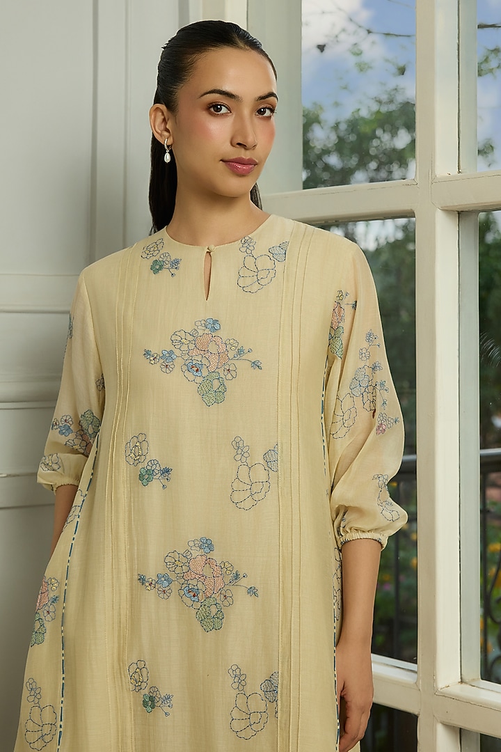 Ecru Muslin Cotton Thread Embroidered Midi Summer Dress by Vaayu at Pernia's Pop Up Shop