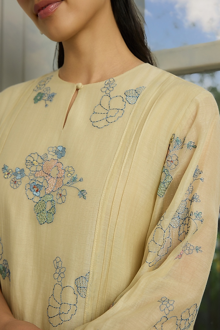 Ecru Muslin Cotton Thread Embroidered Midi Summer Dress by Vaayu at Pernia's Pop Up Shop