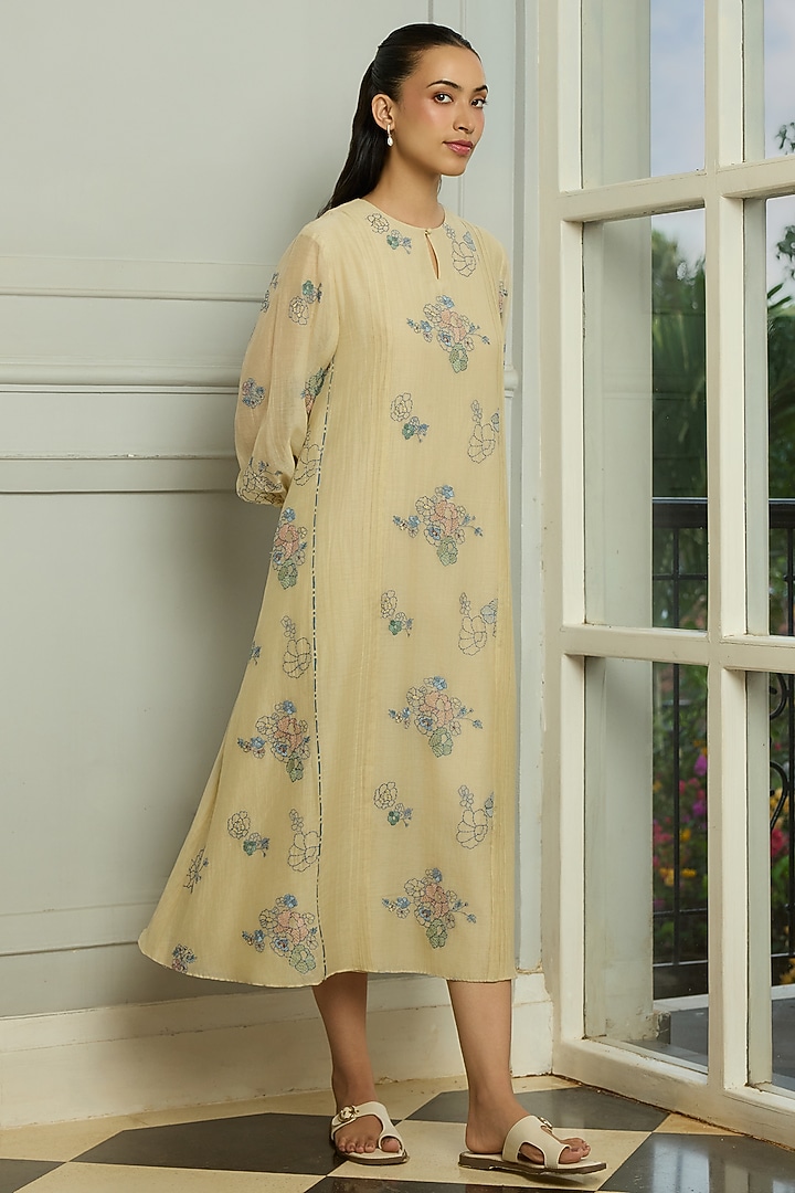 Ecru Muslin Cotton Thread Embroidered Midi Summer Dress by Vaayu at Pernia's Pop Up Shop