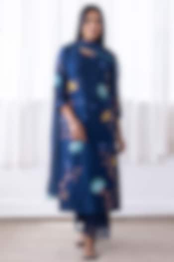 Ink Blue Muslin Cotton Floral Applique Embroidered Kurta Set by Vaayu at Pernia's Pop Up Shop