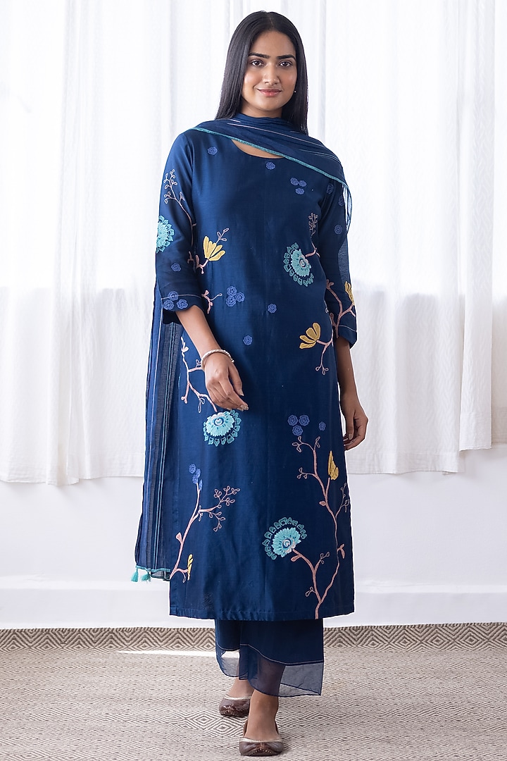 Ink Blue Muslin Cotton Floral Applique Embroidered Kurta Set by Vaayu at Pernia's Pop Up Shop