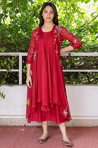 Camellia Muslin Cotton Floral Applique Embroidered Jacket Dress by Vaayu