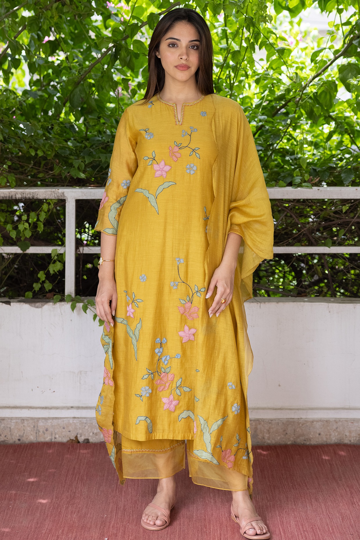 Yellow Based Multi Color Leaf Print Muslin Kurta Set