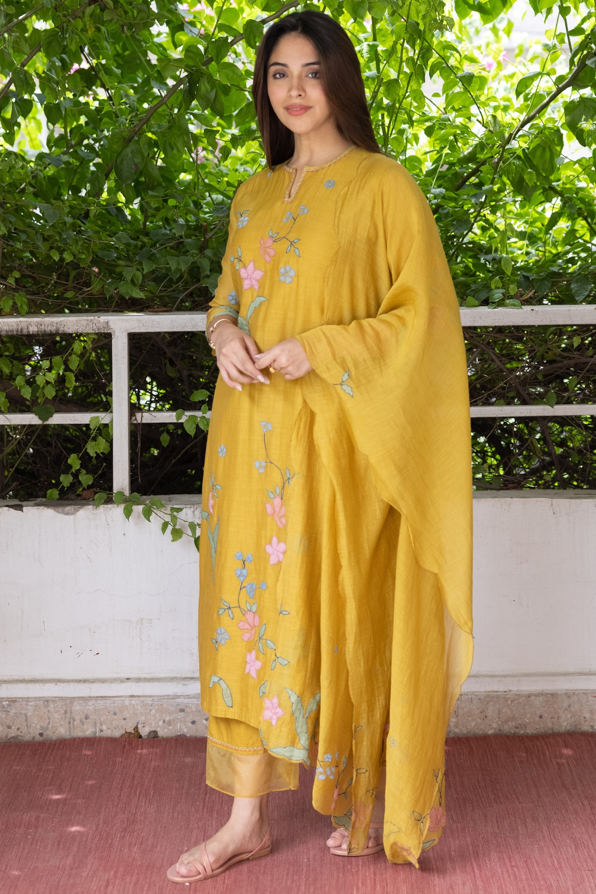 Honeycomb Yellow Muslin Cotton Applique Embroidered Kurta Set Design by ...