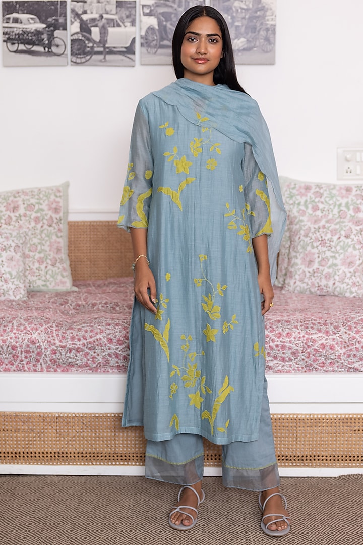 Azure Muslin Cotton Applique Embroidered Kurta Set by Vaayu at Pernia's Pop Up Shop