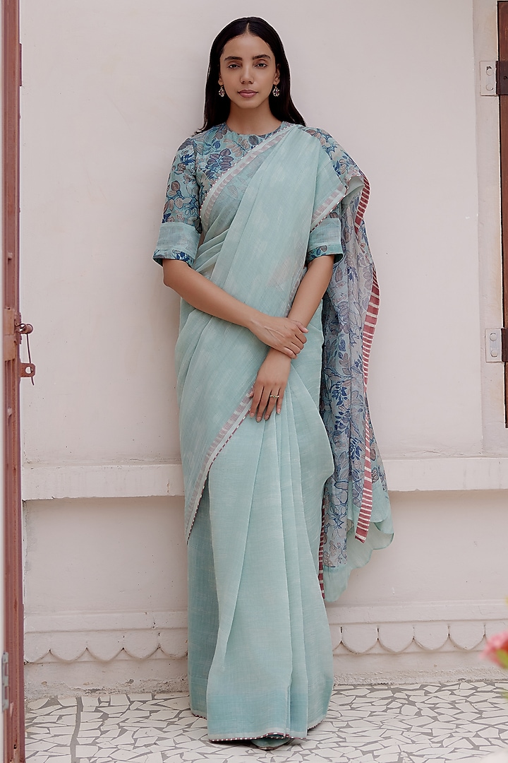 Sage Muslin Cotton Floral Printed Saree Set by Vaayu at Pernia's Pop Up Shop