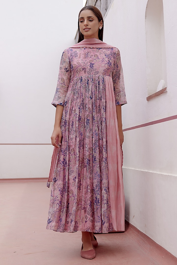 Tulip Pink Muslin Cotton Floral Printed Anarkali Set by Vaayu at Pernia's Pop Up Shop