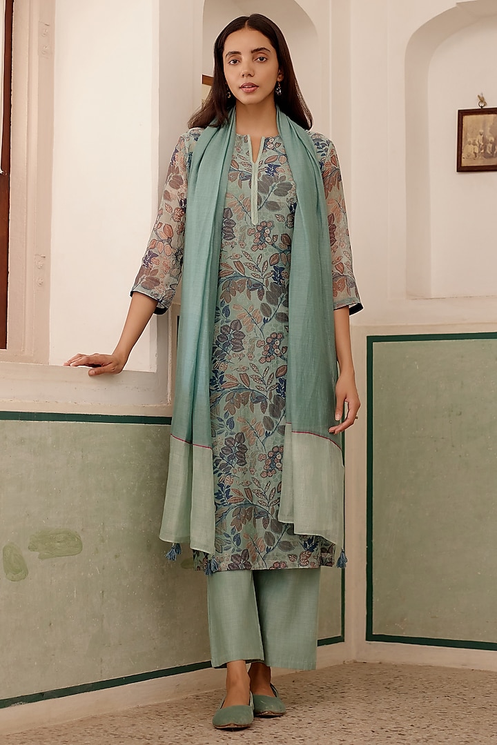 Sage Muslin Cotton Floral Printed Kurta Set by Vaayu at Pernia's Pop Up Shop