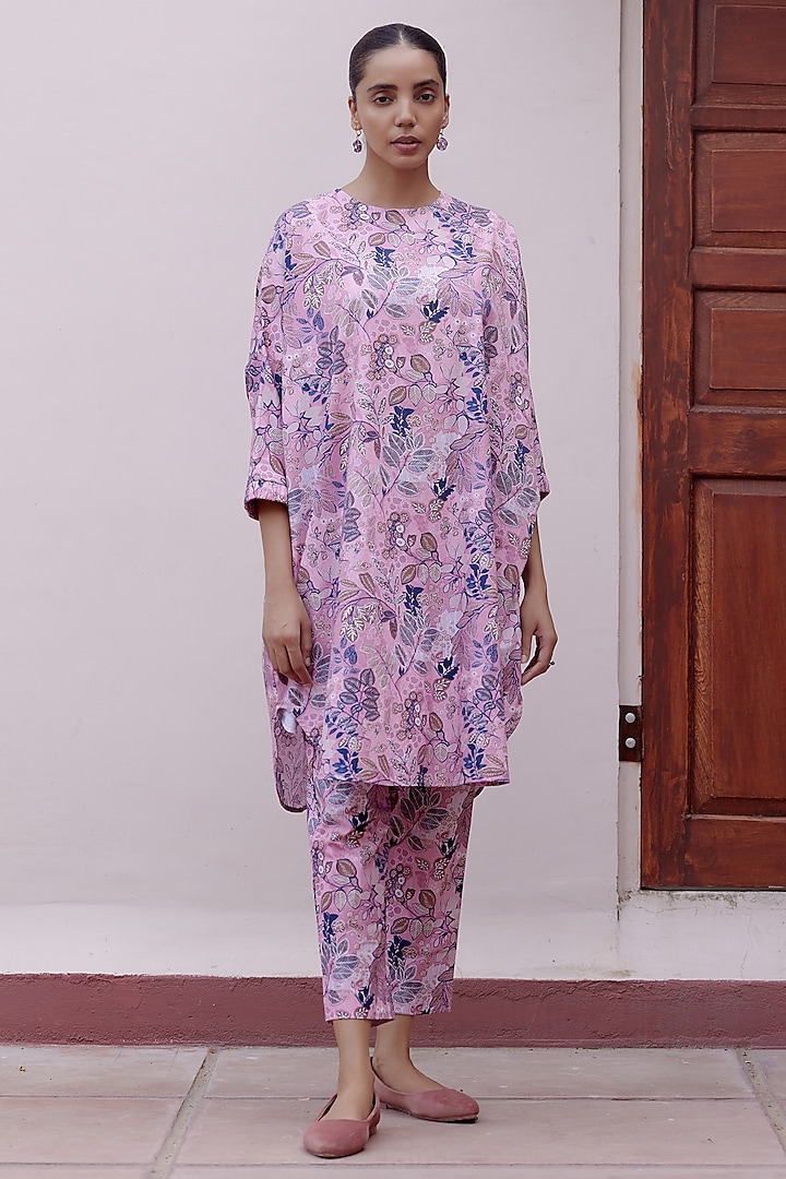 Tulip Pink Muslin Cotton Floral Printed Co-Ord Set by Vaayu at Pernia's Pop Up Shop