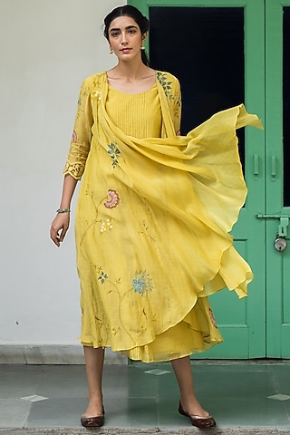 Daffodil Yellow Applique Jacket Set by Vaayu