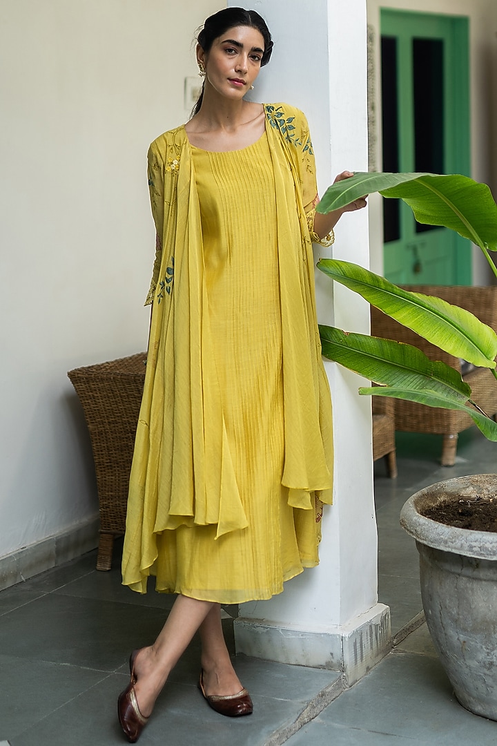 Daffodil Yellow Applique Jacket Set by Vaayu at Pernia's Pop Up Shop