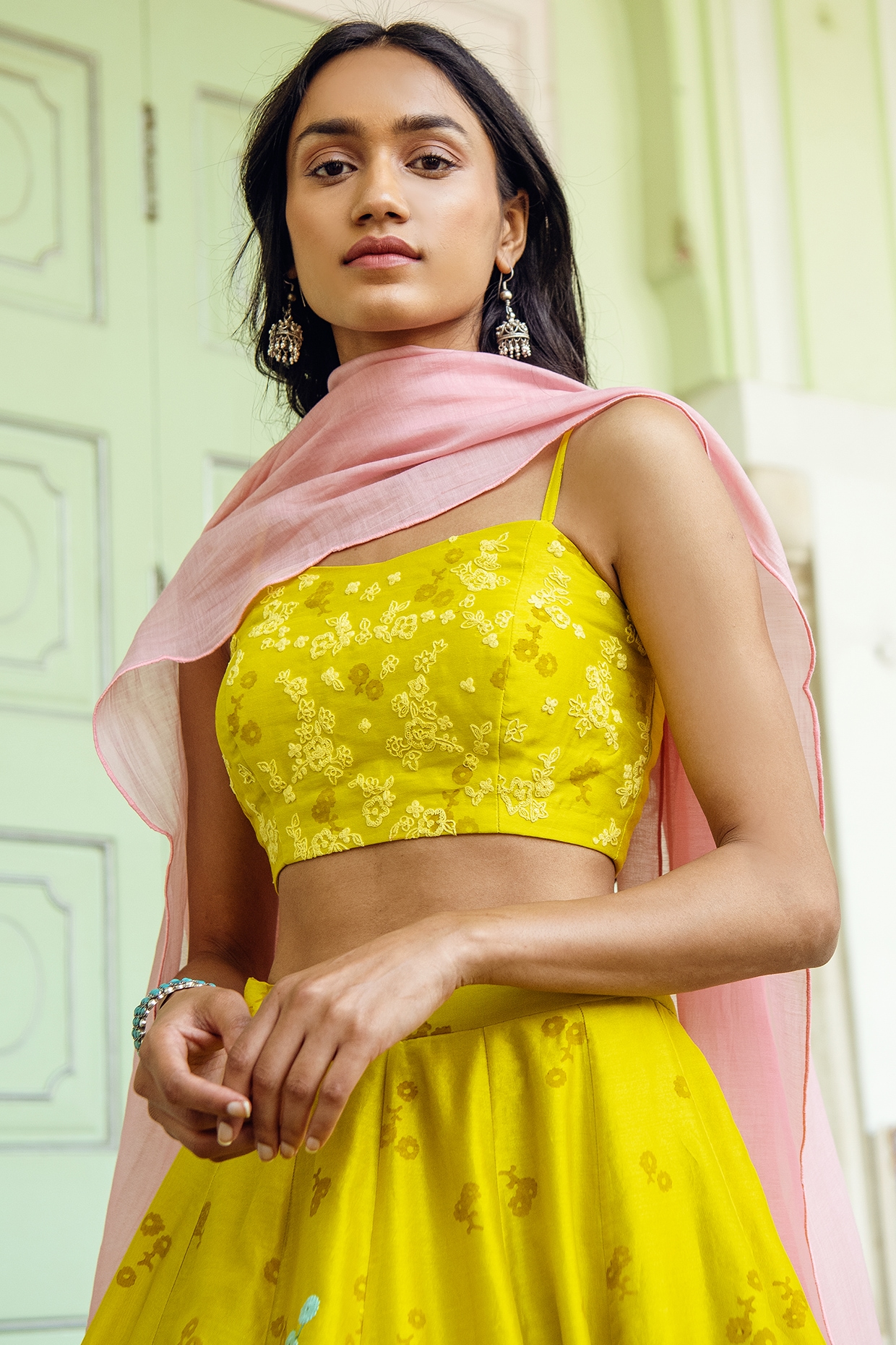 Party Wear Pink And Yellow Stylish Crop Top Lehenga Choli at Rs 850 in  Hyderabad