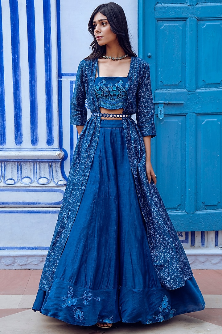 Sapphire Blue Printed & Embroidered Jacket Lehenga Set by Vaayu