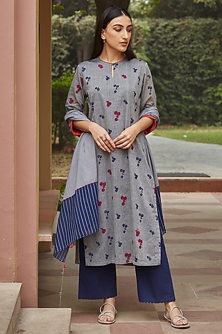 Ash Cotton Kurta Set by Vaayu
