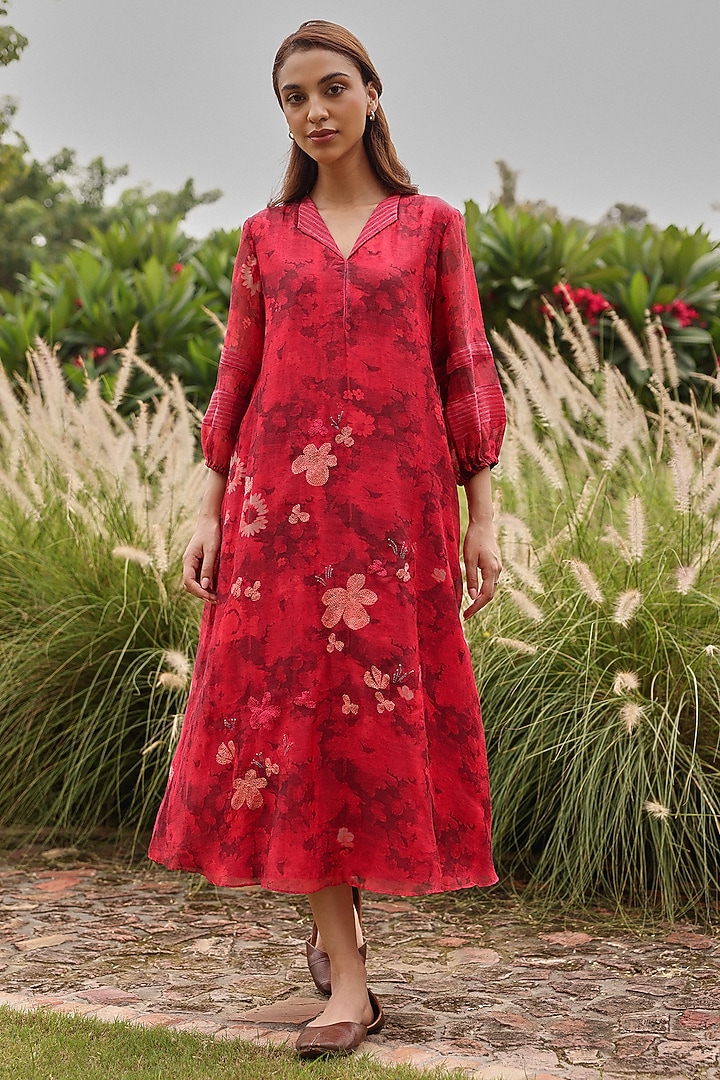 Rosewood Colored Muslin Cotton Floral Printed Midi Summer Dress by Vaayu at Pernia's Pop Up Shop
