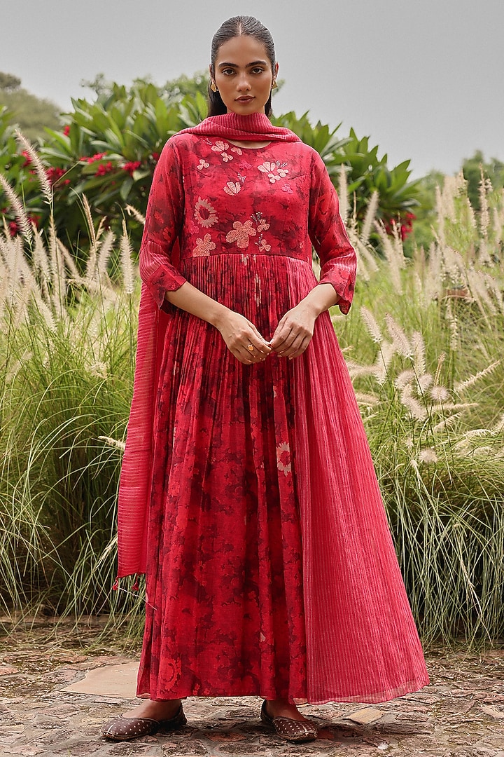 Rosewood Colored Muslin Cotton Printed Party Wear Anarkali Set by Vaayu at Pernia's Pop Up Shop