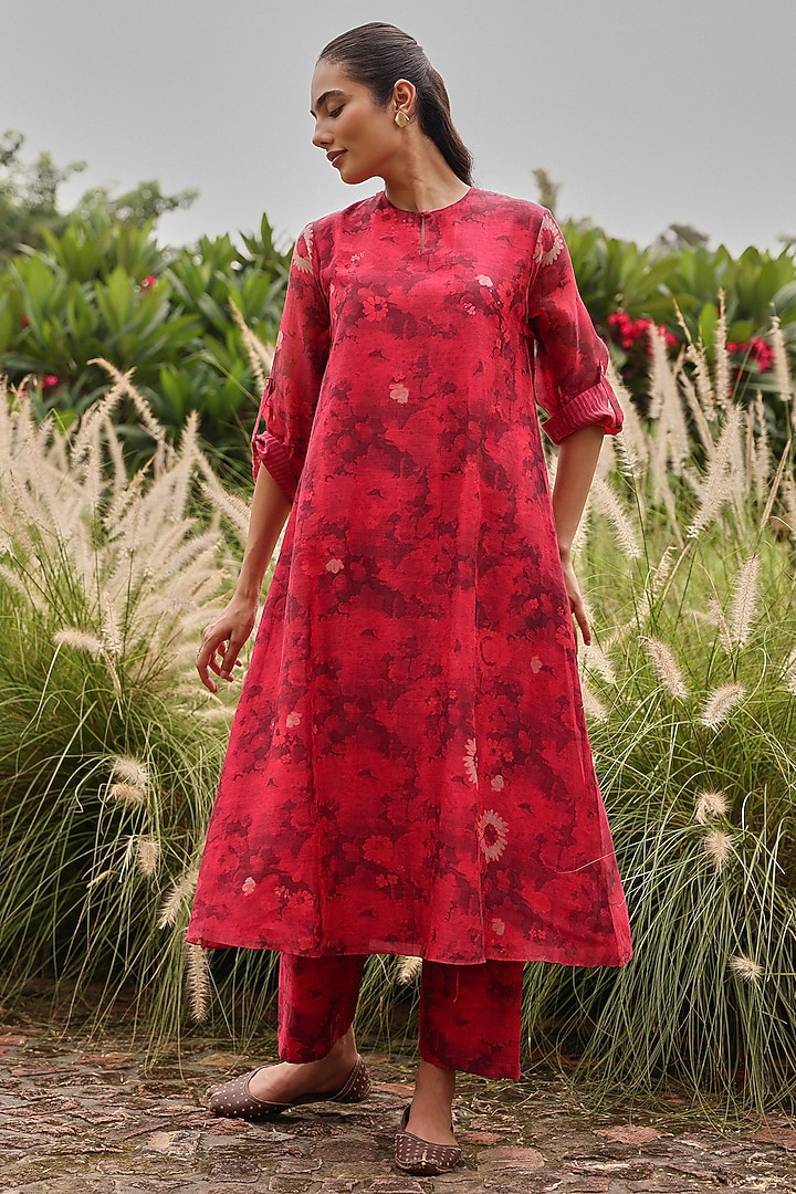 Rosewood Colored Muslin Cotton Floral Printed Co-Ord Set by Vaayu at Pernia's Pop Up Shop